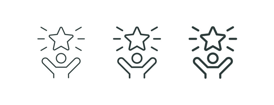 Outline icon talent acquisition, employee award, customer satisfaction, success. Line sign three stars above man with his hands raised. Vector isolated pictograms on white background editable stroke.