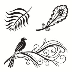 Black bird and feathers with decorative elements ornate