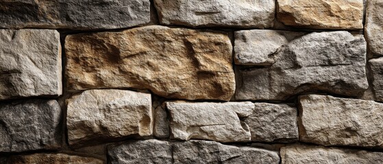 Stone Wall Texture Close-up Natural Rock Surface with Brown, Gray, and Tan Stones for Backgrounds and Design Elements
