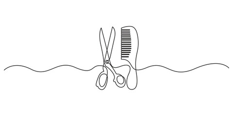 Continuous single one line drawing of scissors and comb for hair cutting. Salon logo concept vector illustration