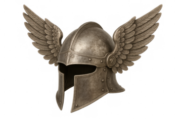 Metal winged helmet isolated on transparent background, representing strength, mythology, and ancient warriors