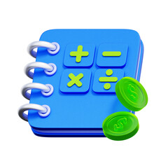 3D icon of a spiral notebook. with dollar coins. For financial record keeping, expense logging, personal budgeting, and accounting documentation.