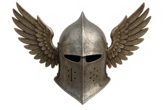 Metal helmet with wings, isolated on transparent background, evoking medieval knights and fantasy characters