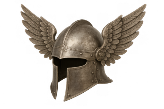 Metal winged helmet isolated on transparent background, representing strength, mythology, and ancient warriors