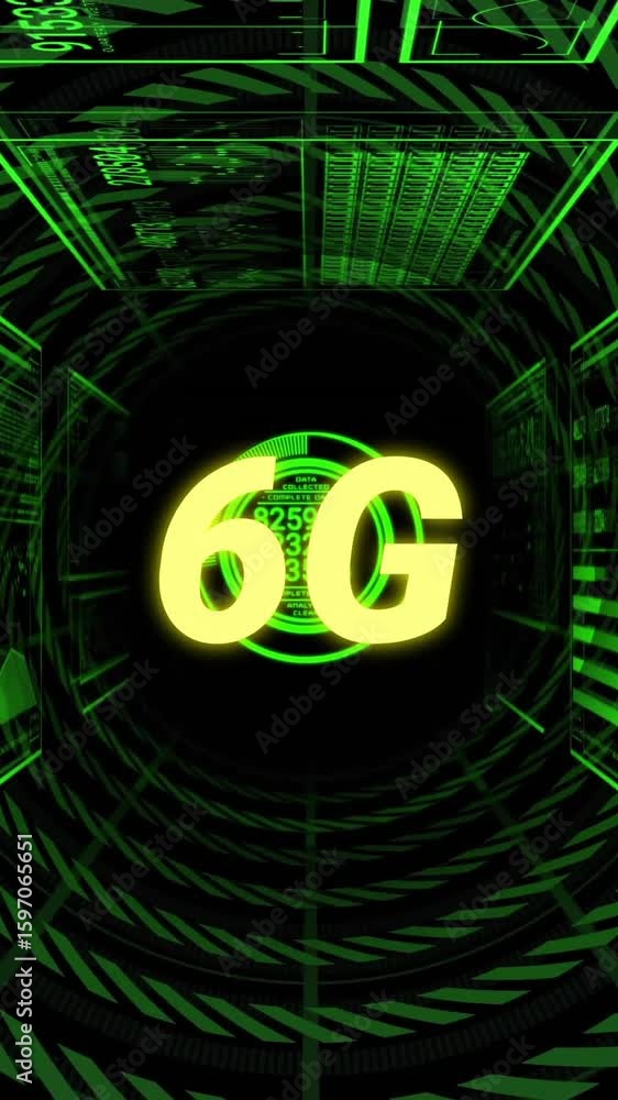 Poster animation of 6g text with digital data and futuristic green graphics