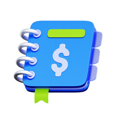 3D icon of a spiral notebook. with a dollar sign on its cover. For personal finance, budget tracking, expense recording, and financial planning.