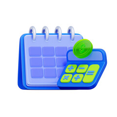 3D icon of a desk calendar. with a calculator and dollar coins. For financial deadlines, budget planning, payment scheduling, and tax due dates.