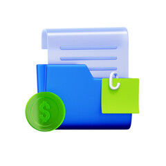 3D icon of a file folder. with a sticky note and a dollar coin. For financial record keeping, expense documentation, accounting files, and budget reports.
