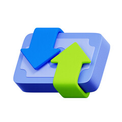 3D icon of a stack of banknotes with an up and down arrow. For financial transactions, money transfer, income and expense, and cash flow management.