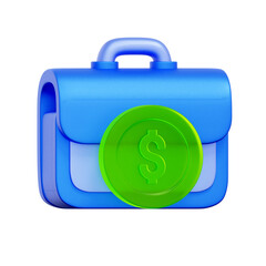 3D icon of a briefcase. with a large dollar coin. For business finance, corporate investment, financial documents, and professional assets.