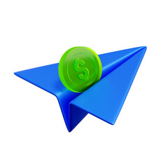 3D icon of a paper airplane. with a dollar coin on its back. For quick financial transactions, fast payments, digital money transfer, and efficient banking.