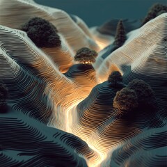 Abstract Topographic Landscape with Glowing Lines and Dark Background