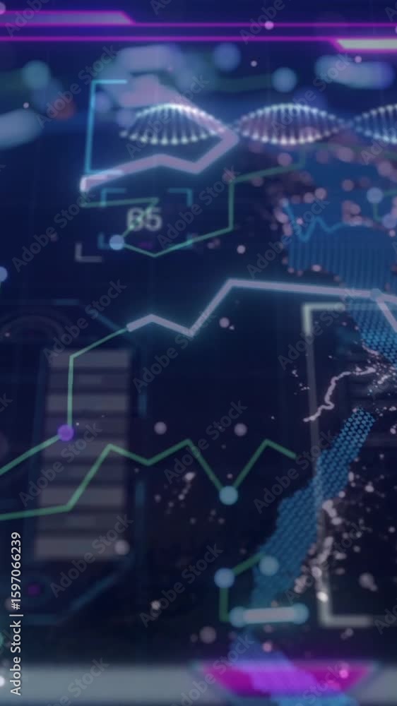 Poster creating animation of digital data visualization with graphs, charts, and world map