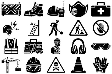 Fototapeta premium Safety Icons Illustration: A collection of essential safety icons, illustrating protective gear, equipment, and warnings commonly used in construction and industrial settings.