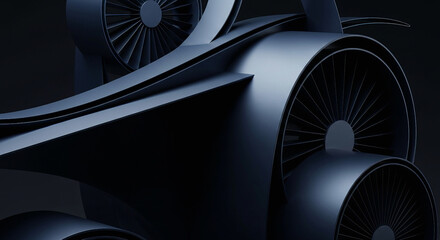 Abstract metallic turbine blades and sleek curves form a futuristic, high-tech design with a dark, sophisticated aesthetic.
