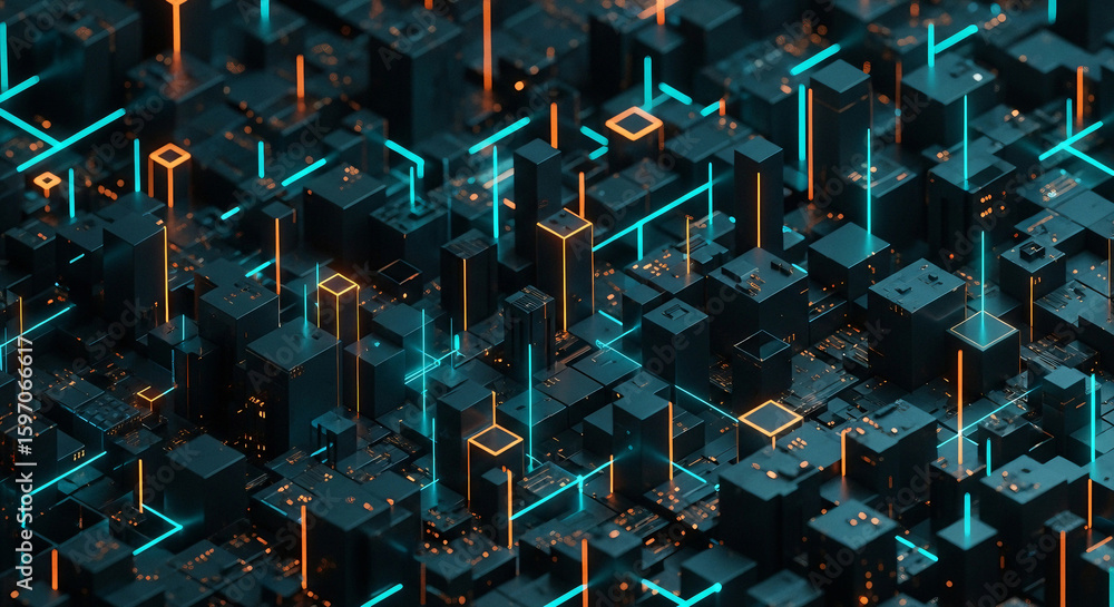 Poster abstract futuristic cityscape with neon glowing lines connecting dark geometric structures represent