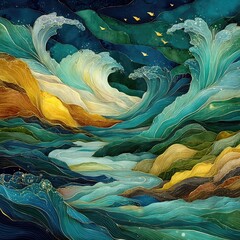 Abstract Watercolor Ocean Waves with Gold Accents