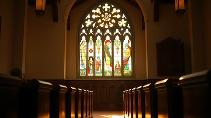 A peaceful church interior with stained glass windows, sunlight casting colorful patterns inside.
