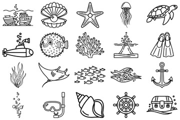 Oceanic Elements: A collection of meticulously crafted, monochromatic illustrations showcases diverse marine life and nautical symbols.