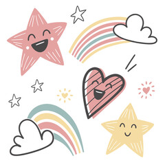 Cute happy stars and rainbows heart cloud