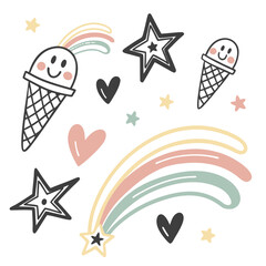 Cute ice cream cones stars and rainbows hearts