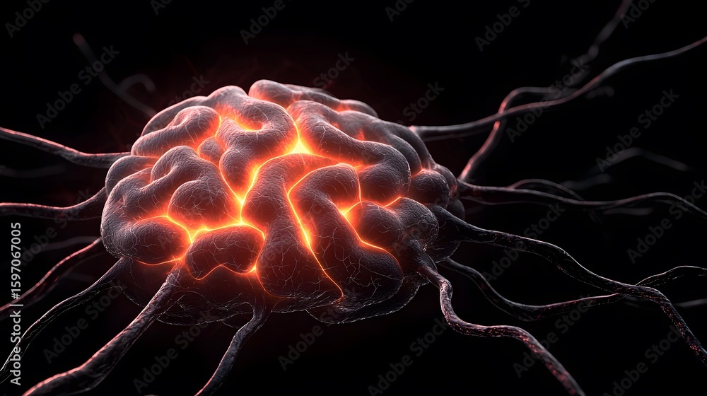 Poster the image shows a stylized 3d rendering of a brain cell, or neuron, with its nucleus glowing intense