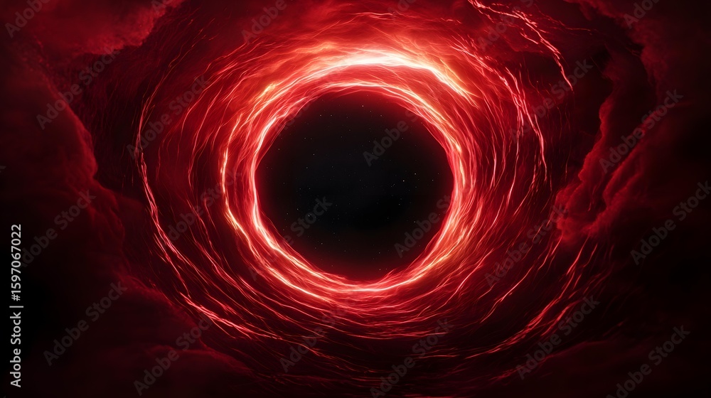 Poster a fiery red nebula swirls around a dark, starlit void, creating a luminous ring of cosmic energy.