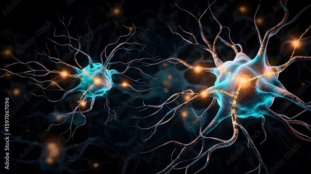 Poster the image shows two neurons, nerve cells, communicating with each other through their axons and dend