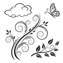 Delicate black floral swirls and butterfly white cloud
