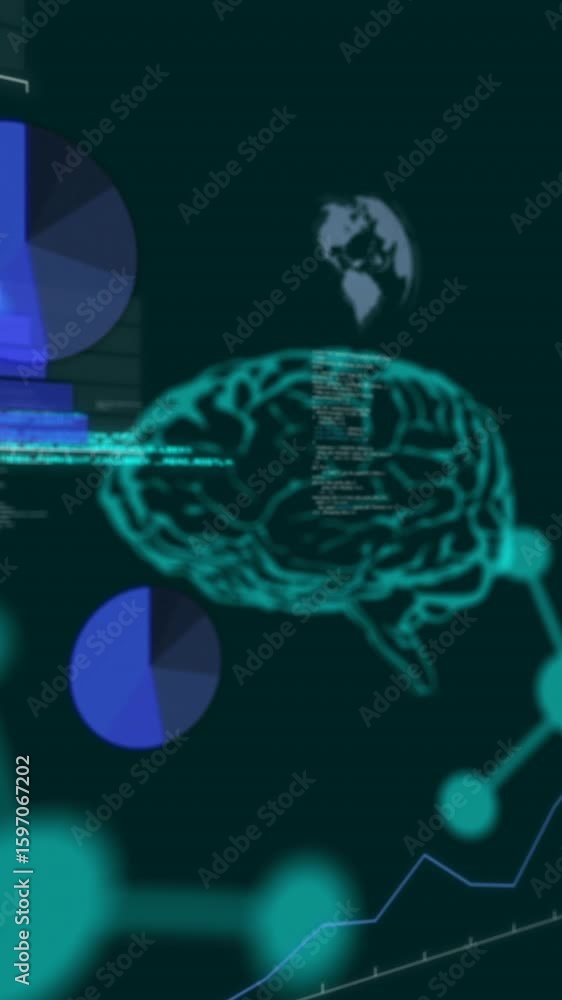 Poster digital data and code processing animation over abstract geometric shapes