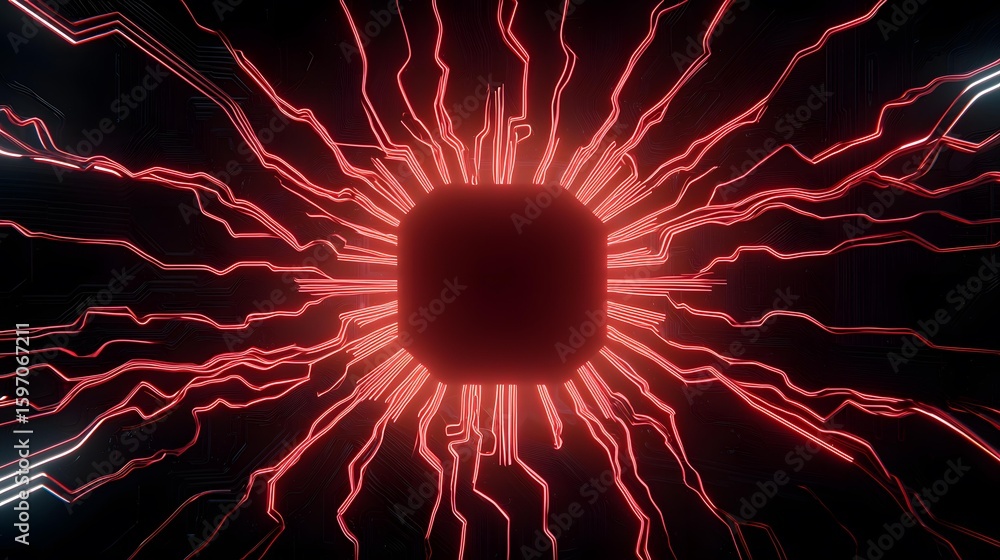 Aufkleber the image displays a complex, dark technological design with a central dark square emitting bright r