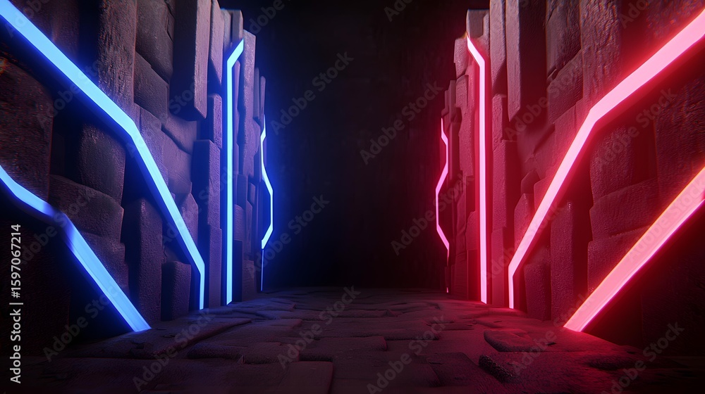 Poster the image showcases a futuristic tunnel with textured walls illuminated by bright blue and red neon 
