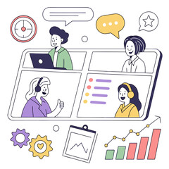 Diverse people in video conference with charts and gears