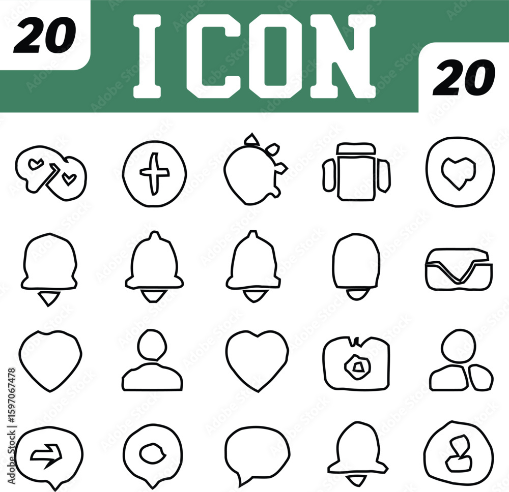 Poster collection of twenty outline icons for social media and user interface design