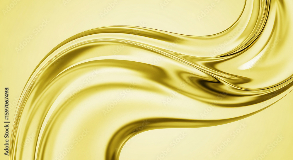 Poster viscous golden liquid flowing in smooth, elegant waves, creating abstract patterns with reflections 