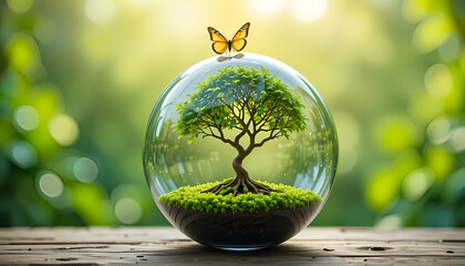 A surreal concept of a small green tree inside a clear glass sphere with a butterfly, representing nature conservation and eco-friendly themes.