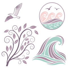 Obraz premium Flying bird and ocean waves with floral elements icons