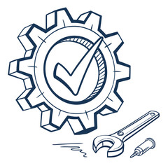 Gear with checkmark and tools wrench mechanical