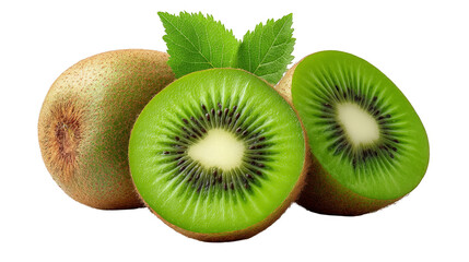 Three fresh kiwifruits, one whole, one sliced in half, and one partially visible, with green leaves, on a white background.