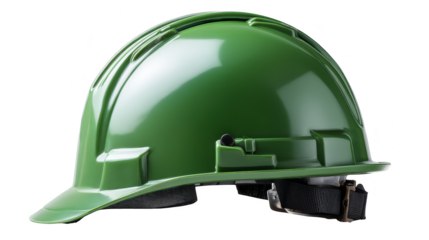 Green hard hat secured in white vise, construction safety and industrial workplace concept