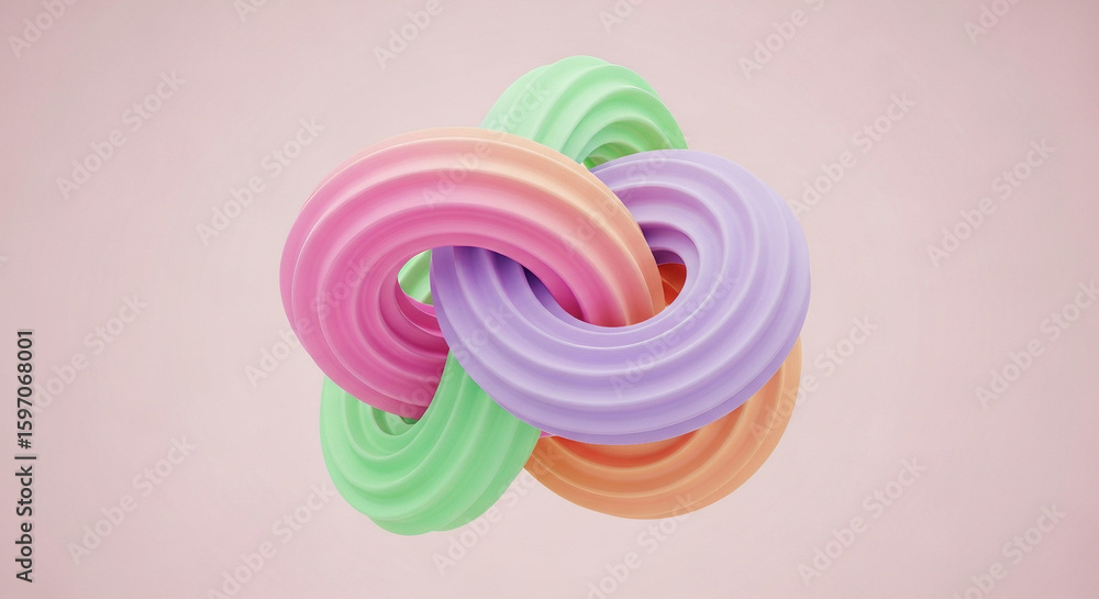 Poster abstract colorful intertwined torus shapes with a soft pastel background providing a sense of fluid 