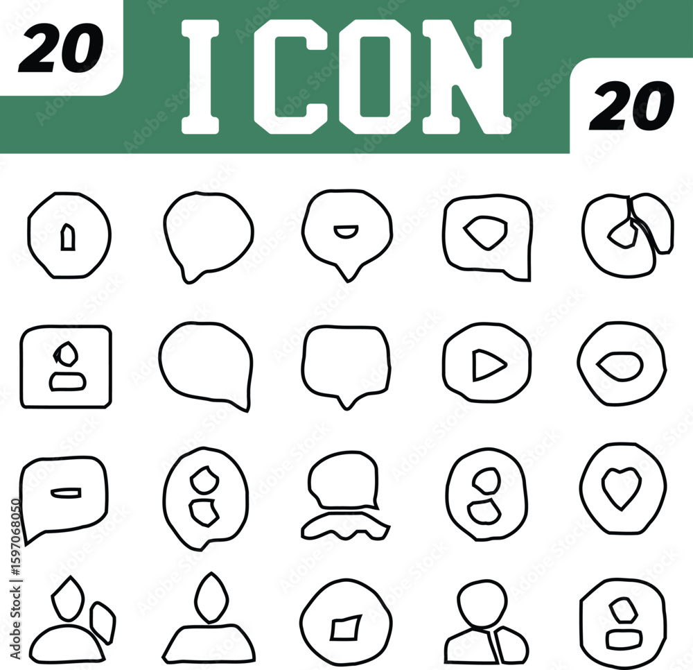 Poster collection of twenty hand drawn style icons with communication and user themes