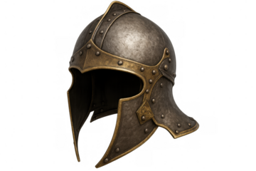 Medieval helmet with golden ornaments and steel surface, isolated on transparent background, perfect for historical or fantasy projects