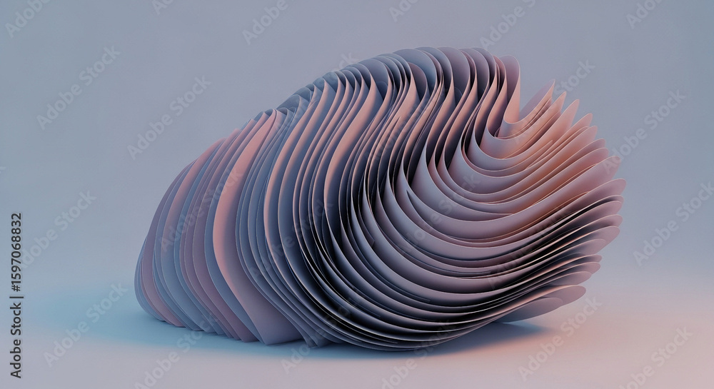 Poster abstract 3d rendering of layered paper forms, creating a visually appealing and organic shape, ideal
