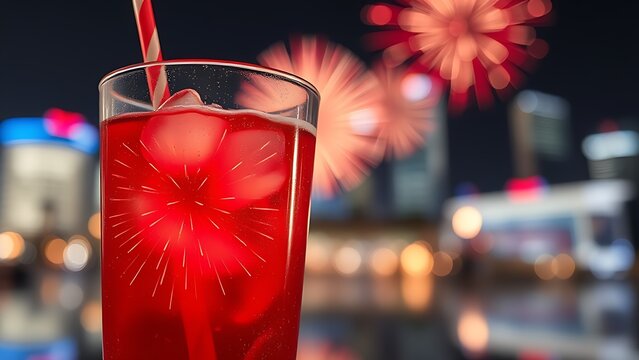 Vibrant fireworks reflected in a chilled Bandung drink, celebrating Singapore National Day with festive lights.