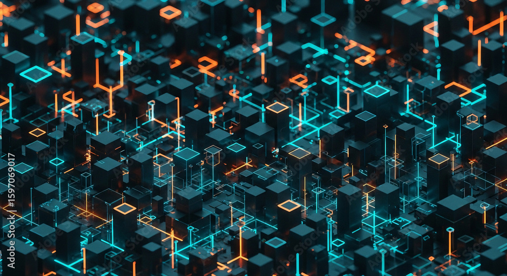 Poster abstract digital landscape with glowing lines and cubes, representing data flow, technology, and the