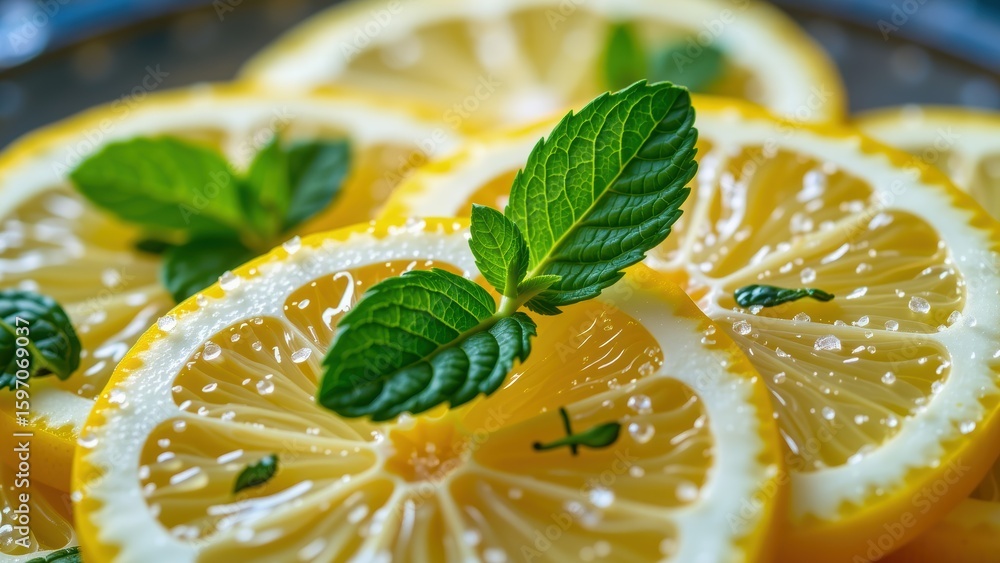 Poster fresh lemon slices with mint leaves create vibrant farm to table pairing that enhances any dish with