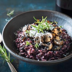 Riceberry risotto with mushrooms and a sprinkle of parmesan for healthy indulgence – gourmet riceberry risotto, healthy mushroom risotto, riceberry parmesan risotto, 