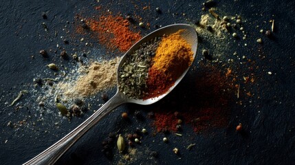 Colorful spices on spoon