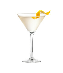 Vesper cocktail with lemon twist garnish transparent PNG isolated background. Mixology, bar menu, colorful vibrant refreshing drink in martini glass